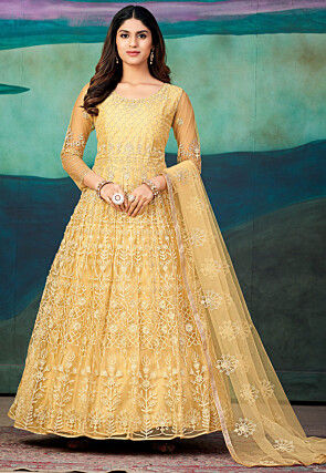 Embroidered Net Abaya Style Suit in Beige