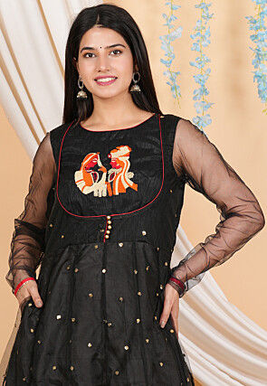Embroidered Net Anarkali Kurta in Black