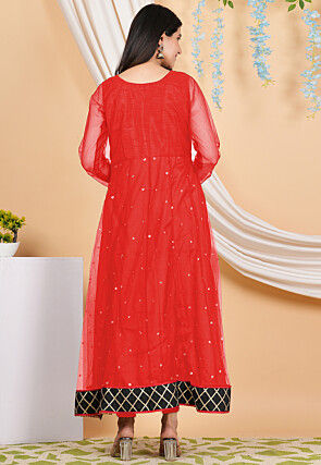 Embroidered Net Anarkali Kurta in Red