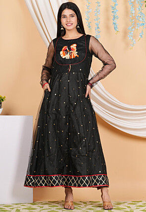 Embroidered Net Anarkali Kurta Set in Black