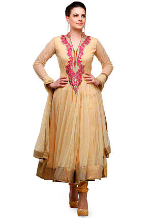 Embroidered Net Anarkali Suit in Beige