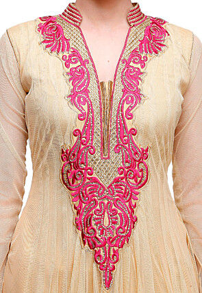 Embroidered Net Anarkali Suit in Beige