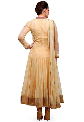 Embroidered Net Anarkali Suit in Beige