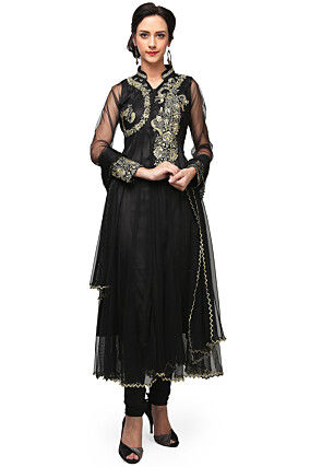 Embroidered Net Anarkali Suit in Black