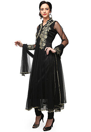 Embroidered Net Anarkali Suit in Black