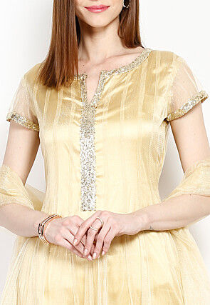 Embroidered Net Anarkali Suit in Golden