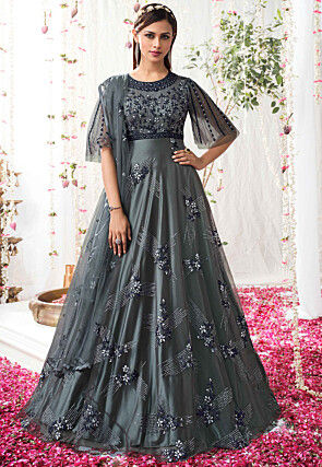 Embroidered Net Anarkali Suit in Grey