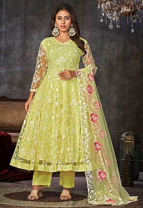 Embroidered Net Anarkali Suit in Yellow