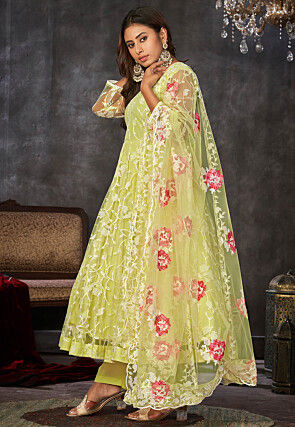 Embroidered Net Anarkali Suit in Yellow
