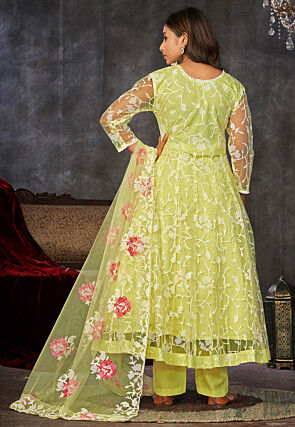 Embroidered Net Anarkali Suit in Yellow