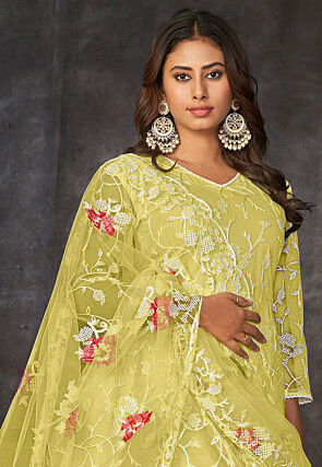 Embroidered Net Anarkali Suit in Yellow