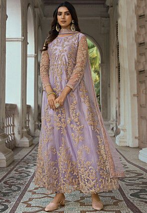 Embroidered Net Abaya Style Suit in Light Purple