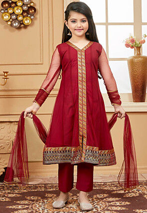 Embroidered Net Anarkali Suit in Maroon