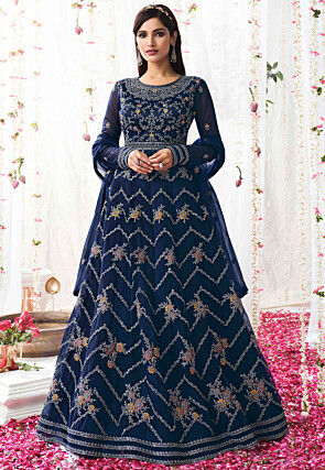 Embroidered Net Anarkali Suit in Navy Blue