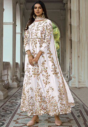 Embroidered Net Abaya Style Suit in Off White