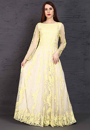 Embroidered Net Anarkali Suit in Off White