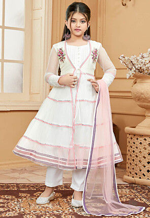 Embroidered Net Anarkali Suit in Off White