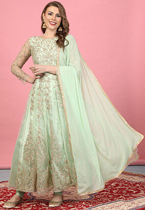 Embroidered Net Anarkali Suit in Pastel Green