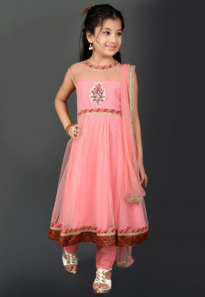 Embroidered Net Anarkali Suit in Pink