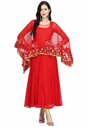 Embroidered Net Anarkali Suit in Red
