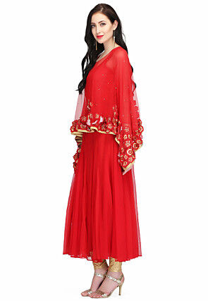Embroidered Net Anarkali Suit in Red