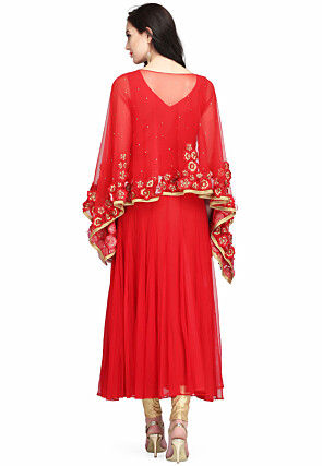 Embroidered Net Anarkali Suit in Red