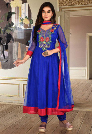 Embroidered Net Anarkali Suit in Royal Blue
