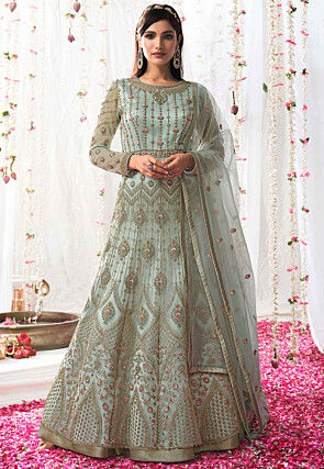 Embroidered Net Anarkali Suit in Sea green