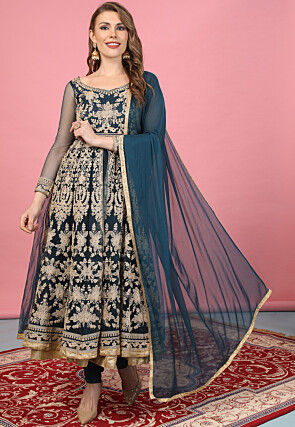 Embroidered Net Anarkali Suit in Teal Blue