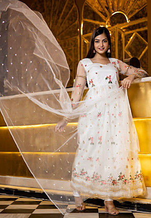 Embroidered Net Anarkali Suit in White