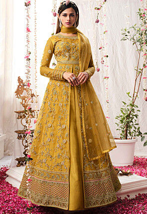 Embroidered Net Anarkali Suit in Yellow