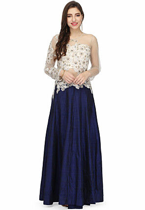 Embroidered Net and Art Silk Gown in Navy Blue and off white