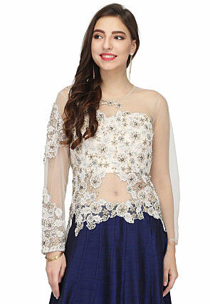 Embroidered Net and Art Silk Gown in Navy Blue and off white