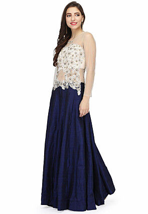 Embroidered Net and Art Silk Gown in Navy Blue and off white