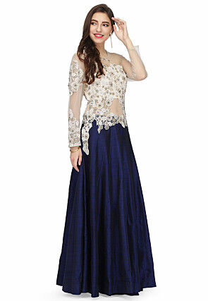 Embroidered Net and Art Silk Gown in Navy Blue and off white