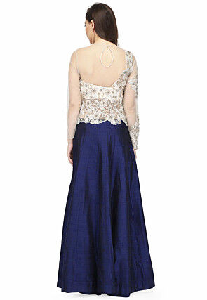 Embroidered Net and Art Silk Gown in Navy Blue and off white