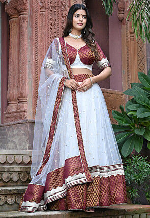 Embroidered Net and Art Silk Jacquard Lehenga in White