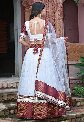 Embroidered Net and Art Silk Jacquard Lehenga in White