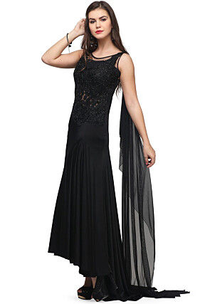 Embroidered Lycra Gown in Black