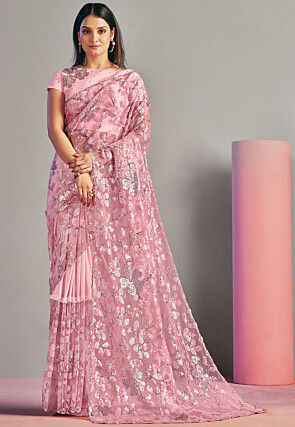 Embroidered Net Saree in Baby Pink