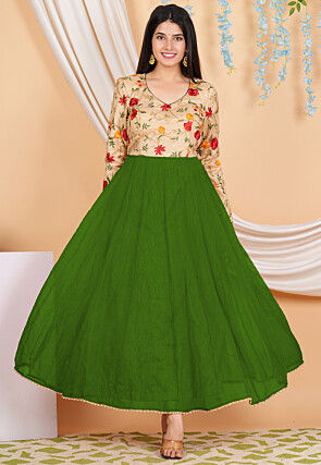 Embroidered Net and Pure Kota Silk Long Kurta in Beige and Olive Green