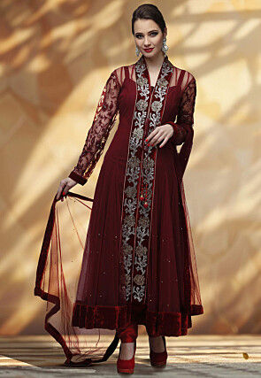 Embroidered Net and Velvet Anarkali Suit in Maroon