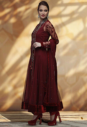 Embroidered Net and Velvet Anarkali Suit in Maroon