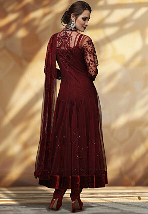 Embroidered Net and Velvet Anarkali Suit in Maroon