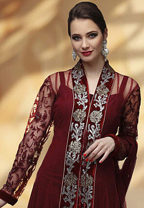 Embroidered Net and Velvet Anarkali Suit in Maroon