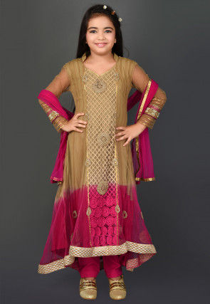 Embroidered Net Asymmetric Anarkali Suit in Shaded Beige and Fuchsia