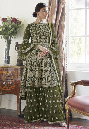 Embroidered Net Asymmetric Pakistani Suit in Olive Green