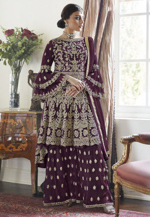 Embroidered Net Asymmetric Pakistani Suit in Wine