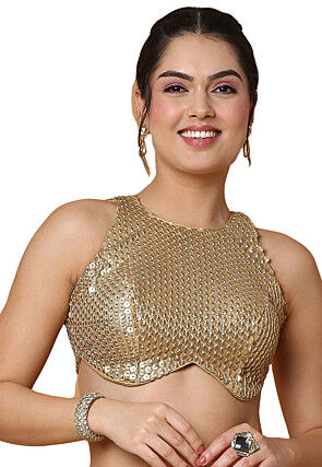 Embroidered Net Back Cut Out Blouse in Golden