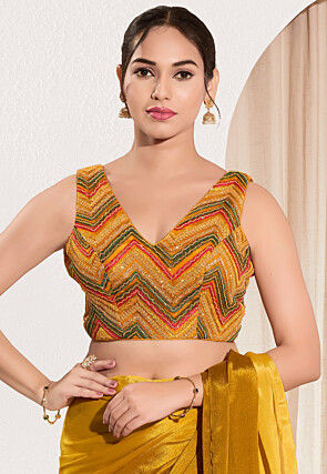 Embroidered Net Blouse in Mustard